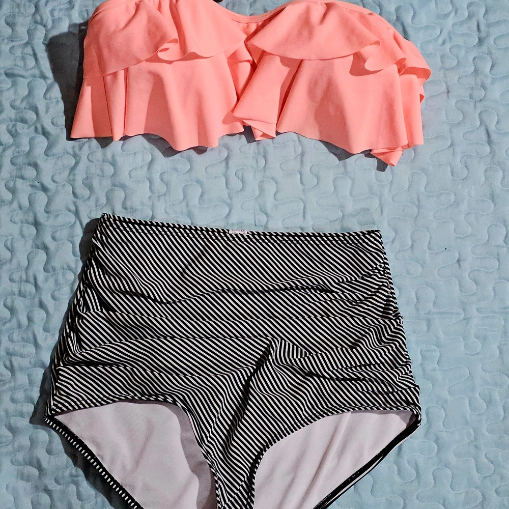 Coral Ruffled Bikini Top and Striped High-Waisted Bottoms